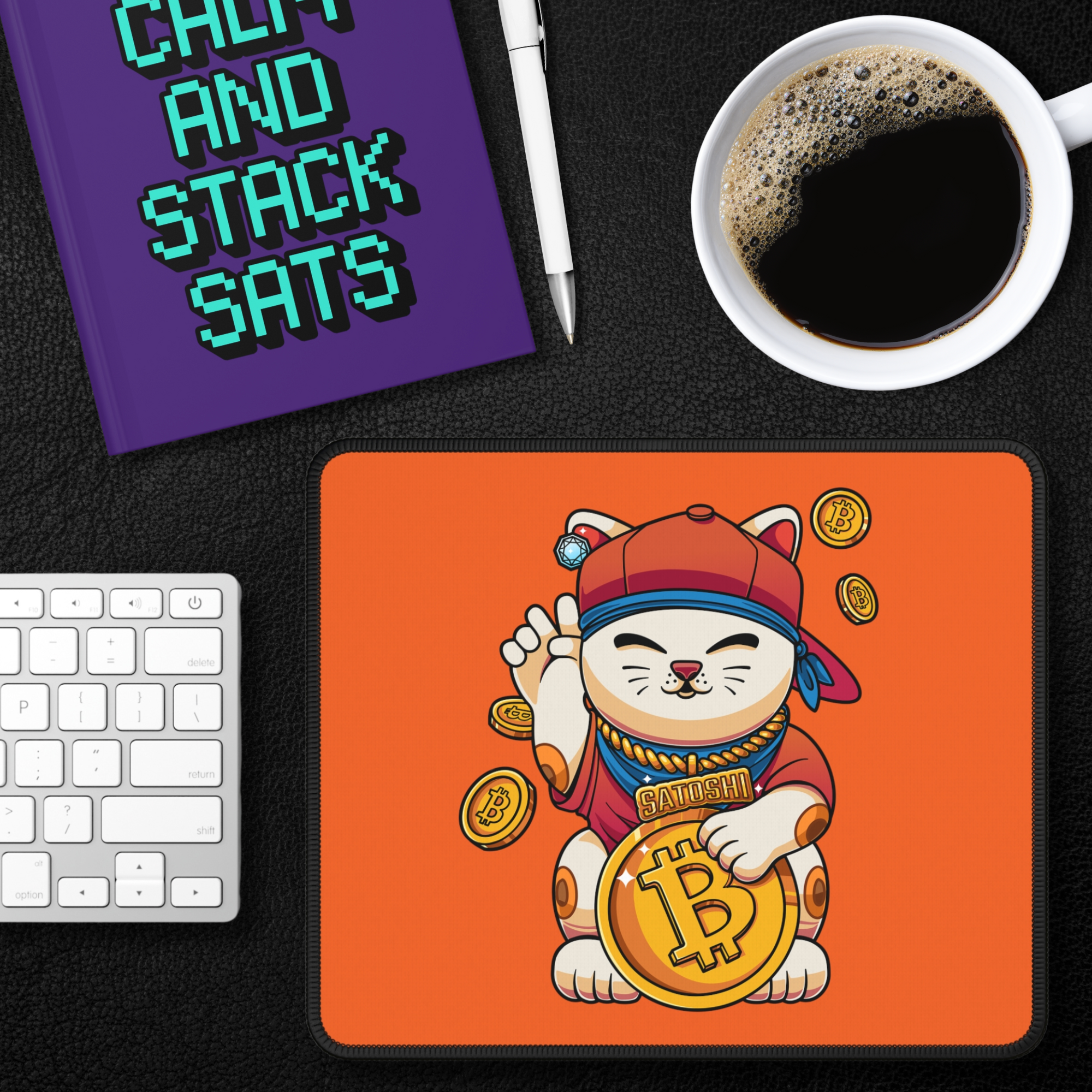 Bitcoin Art Merchandise: Satoshi Lucky Cat Mouse Pad. Available at NEONCRYPTO STORE.