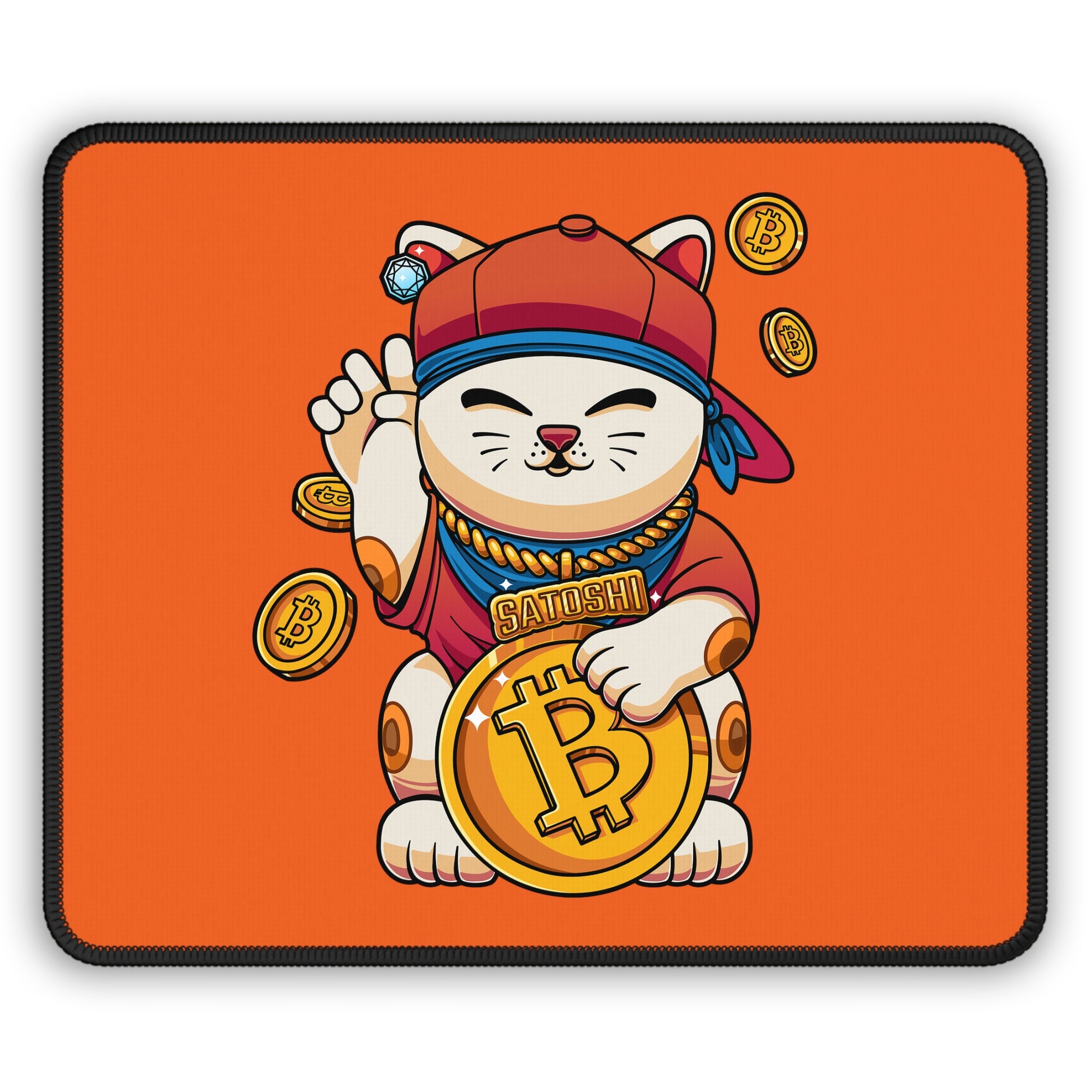 Bitcoin Desk Accessory: Satoshi Lucky Cat Mouse Pad. Available at NEONCRYPTO STORE.
