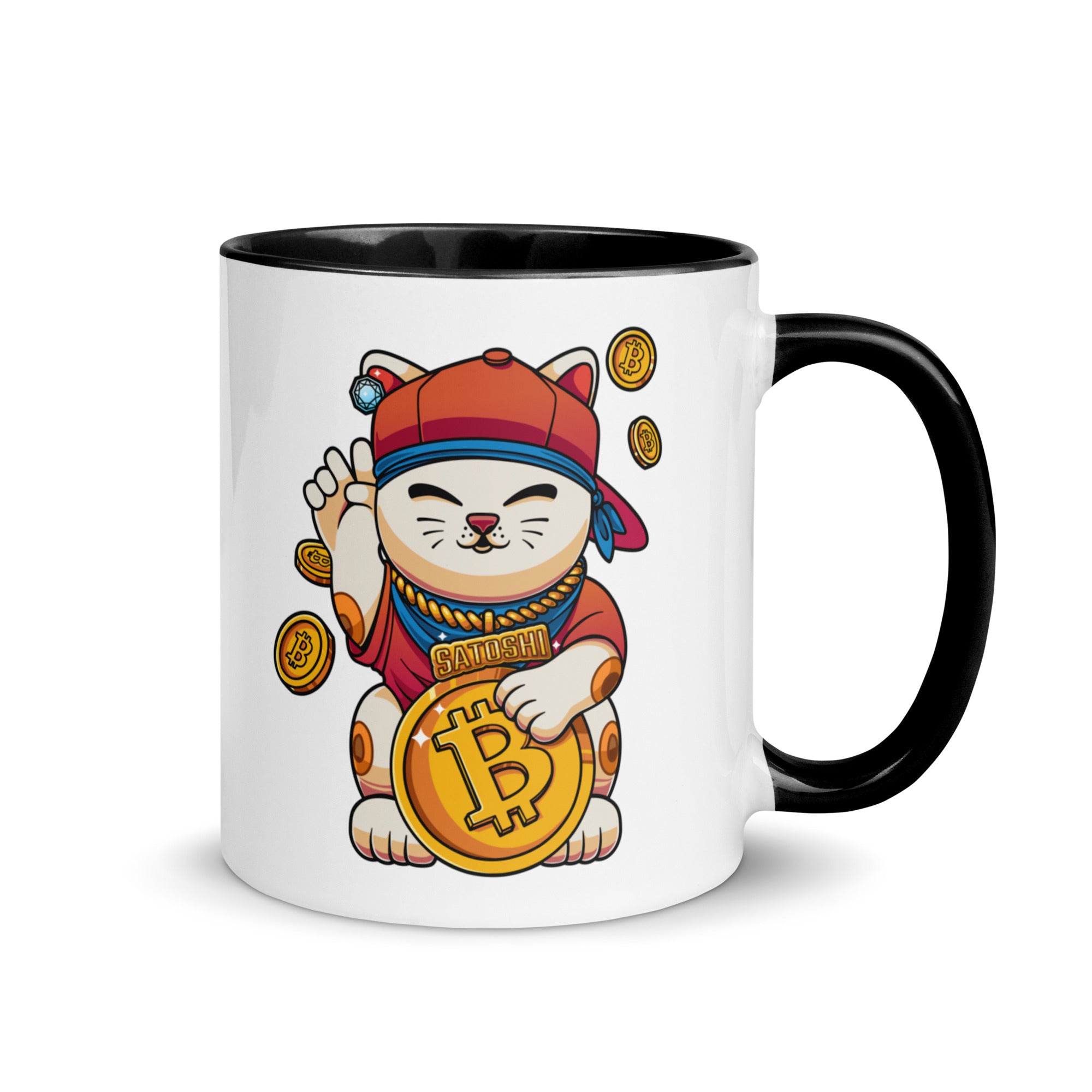 Bitcoin Gift: Satoshi Lucky Cat Mug. Right Handle View. Available from NEONCRYPTO STORE.