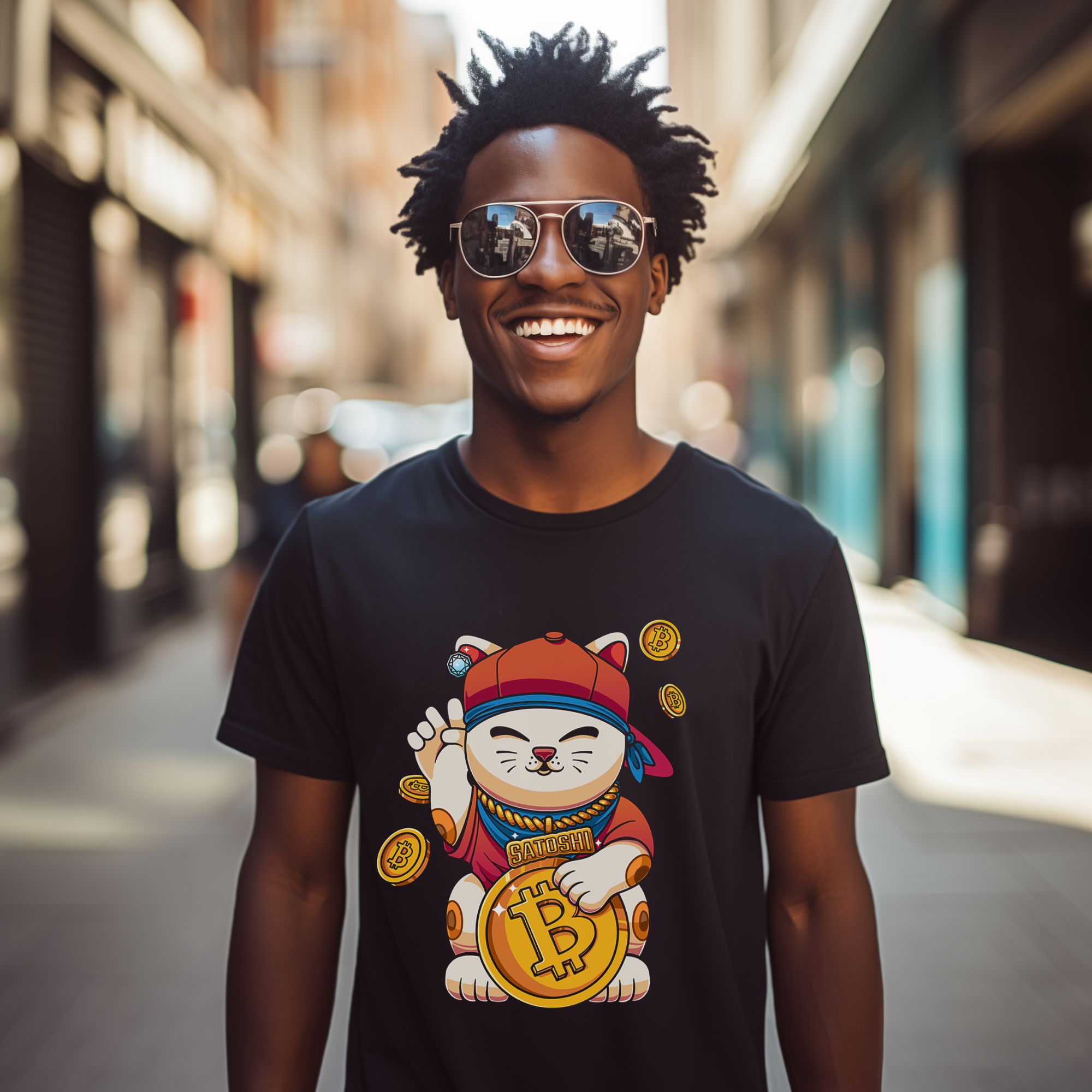 Bitcoin Merchandise - Satoshi Lucky Cat T-Shirt worn by male model (front view).