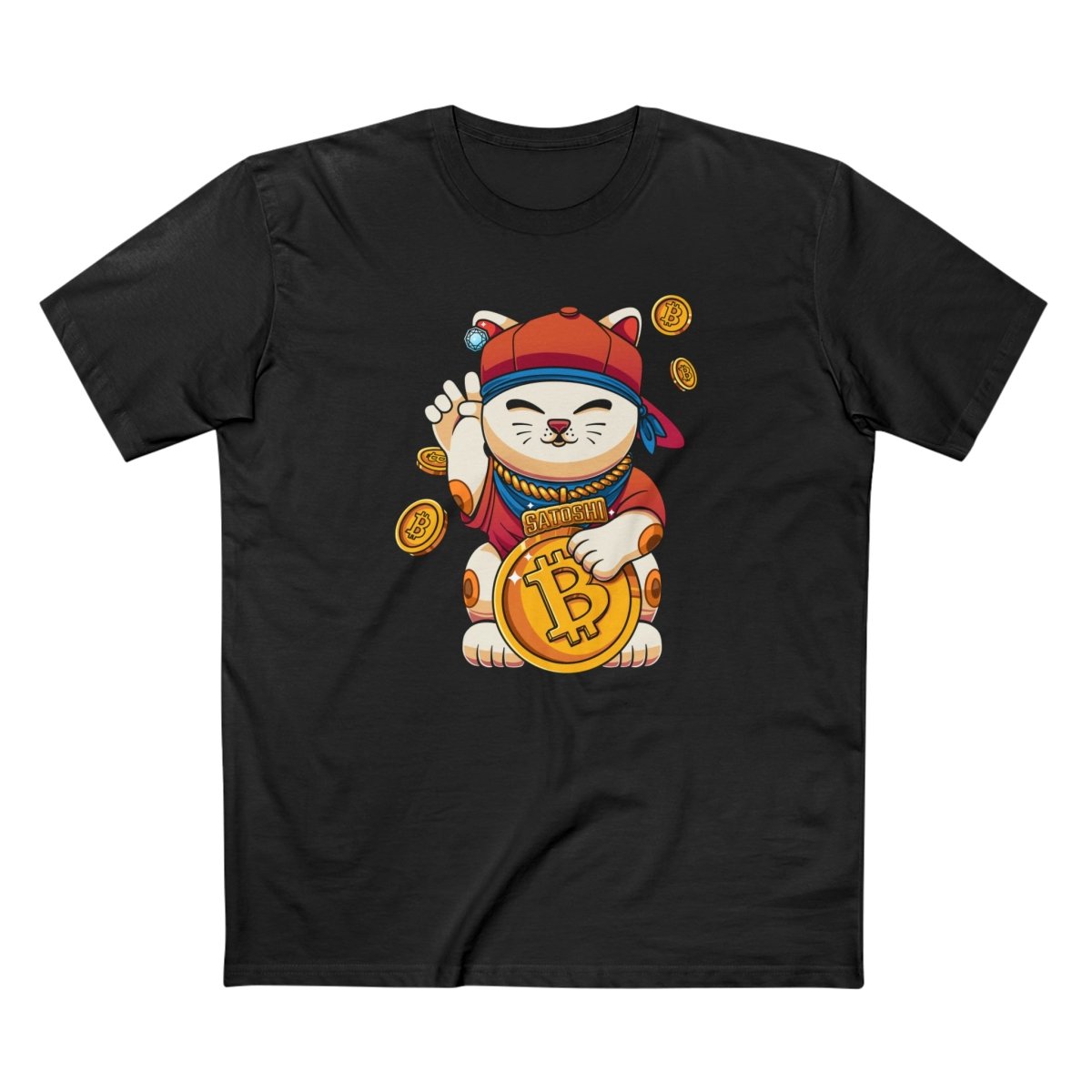 Bitcoin Shirt - Satoshi Lucky Cat T-Shirt. Front view.