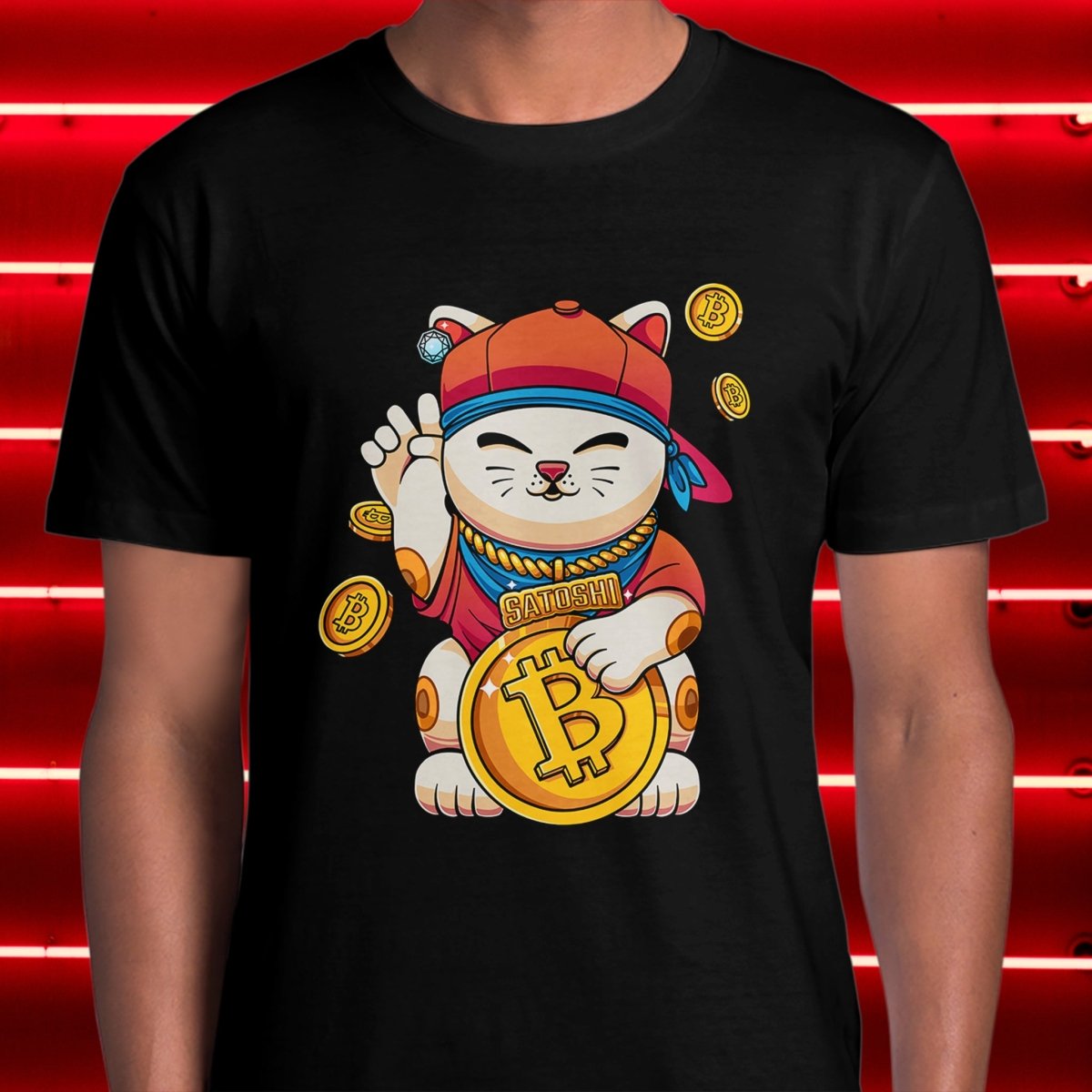 Bitcoin Apparel - Satoshi Lucky Cat T-Shirt worn by model (front view).