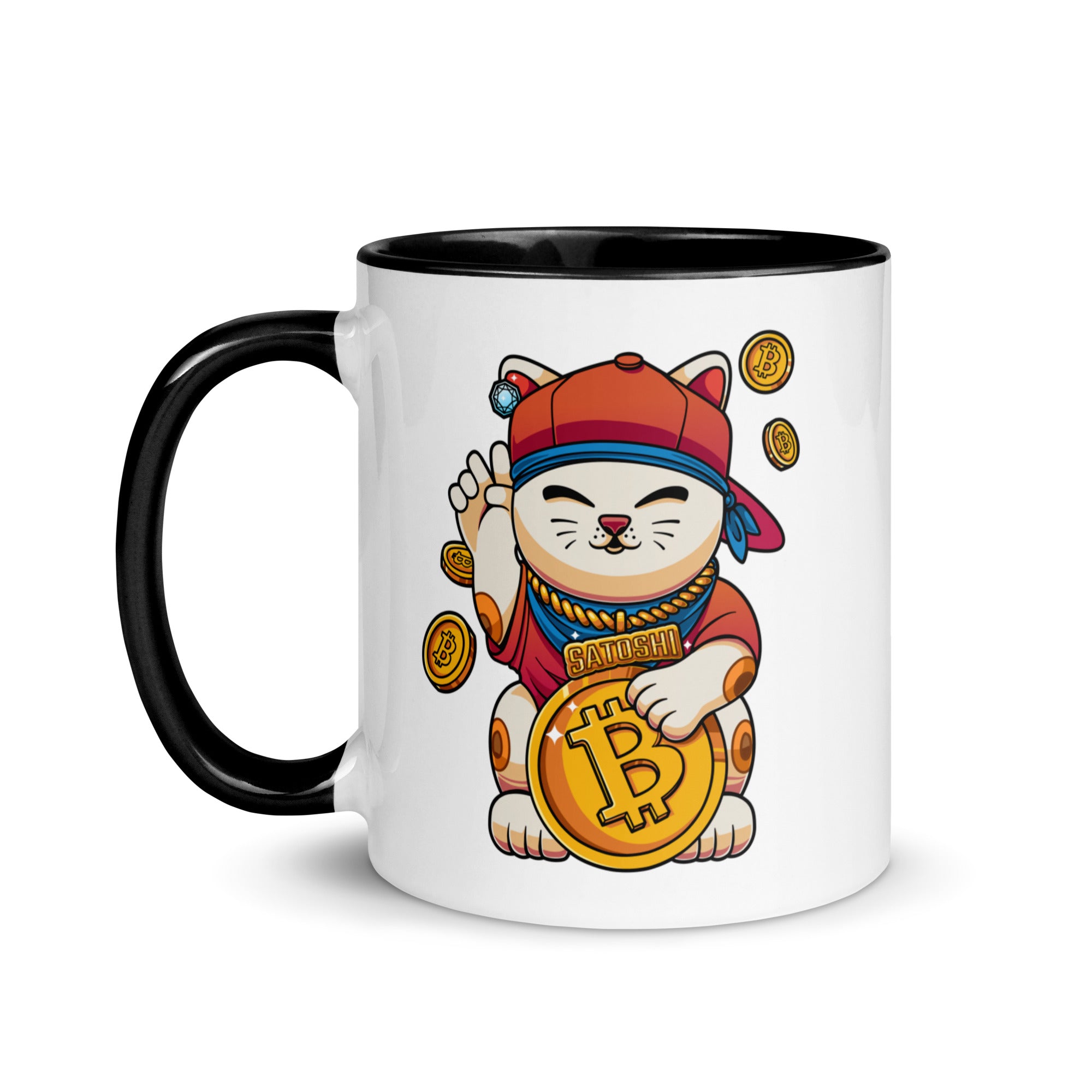 Bitcoin Drinkware: Bitcoin Gift: Satoshi Lucky Cat Mug. Left Handle View. Available from NEONCRYPTO STORE.