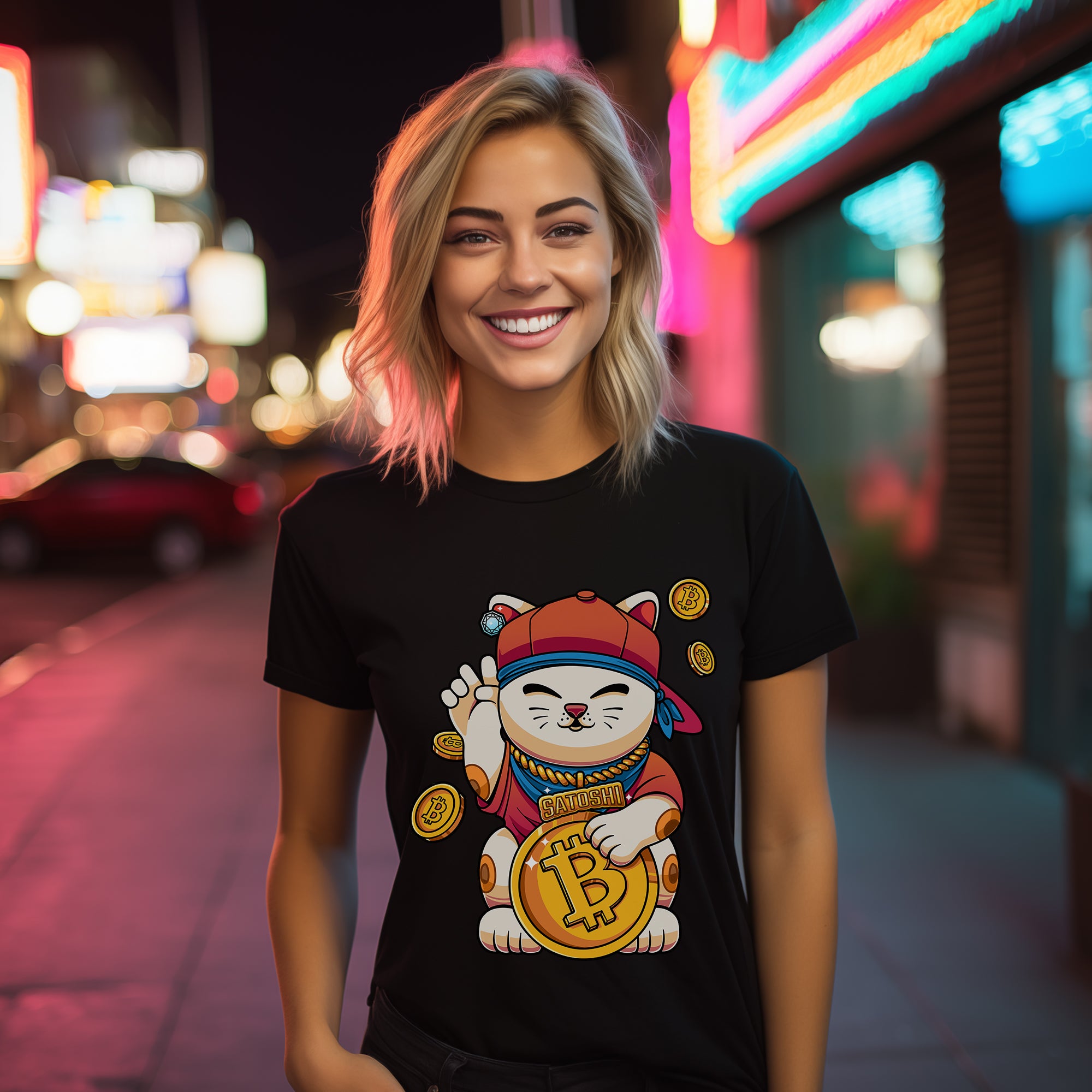 Bitcoin Clothing - Satoshi Lucky Cat T-Shirt worn by female model (front view).