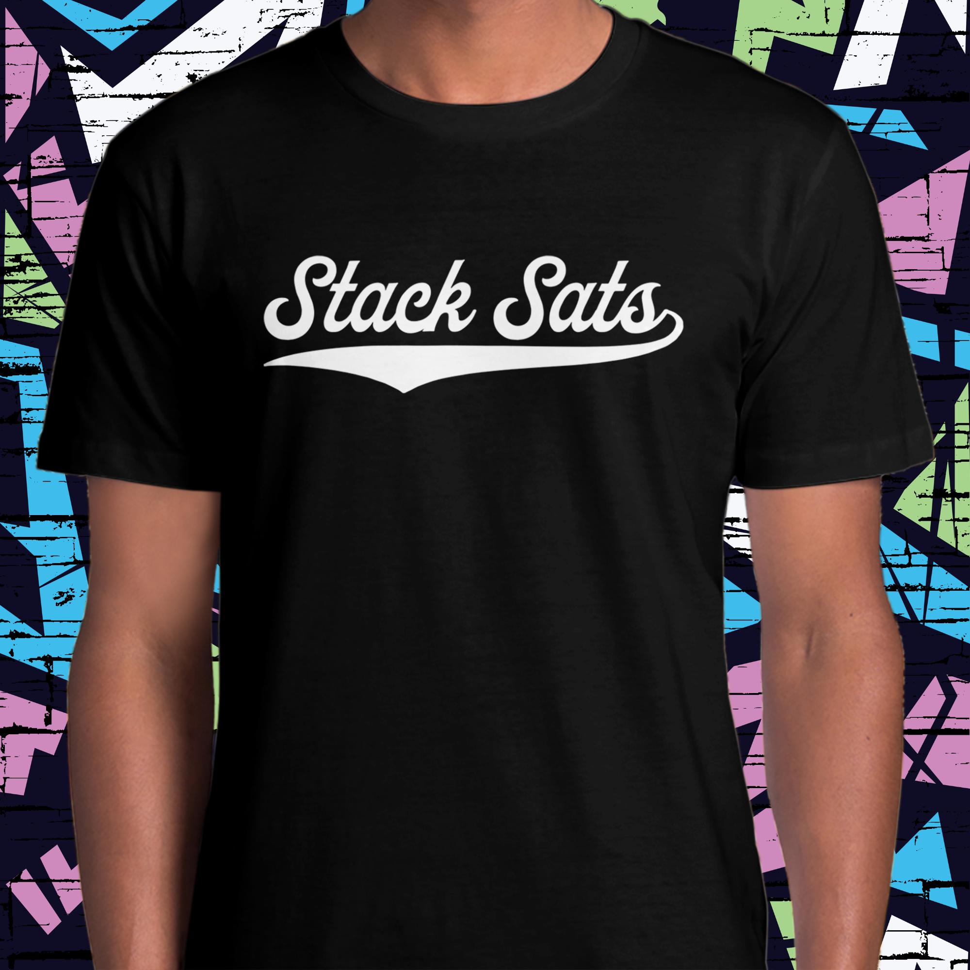 Bitcoin Apparel - Stack Sats T-Shirt. Close up view.