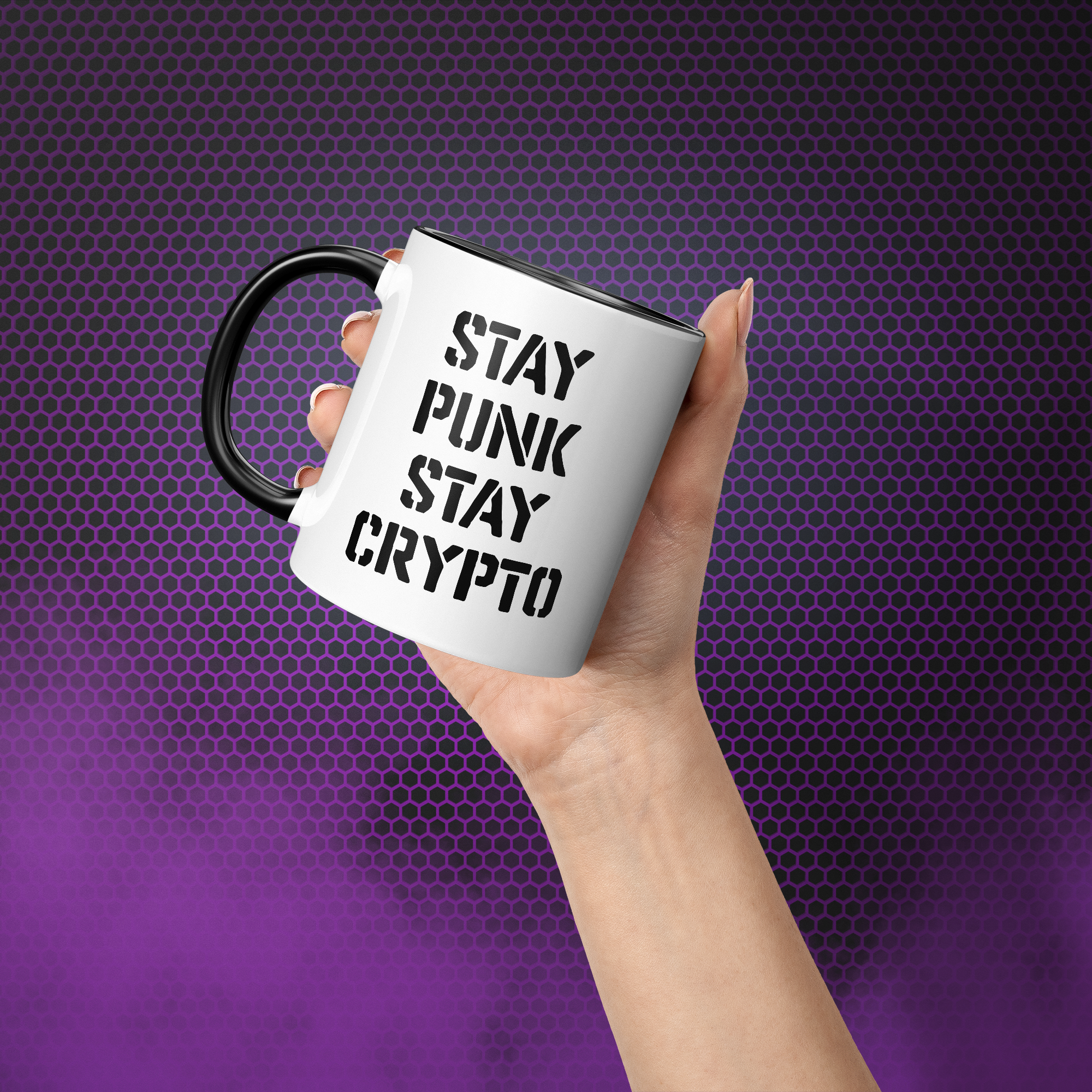 Gift for Crypto Lovers - Stay Punk Stay Crypto Mug. Hand model image. Available at NEONCRYPTO STORE.