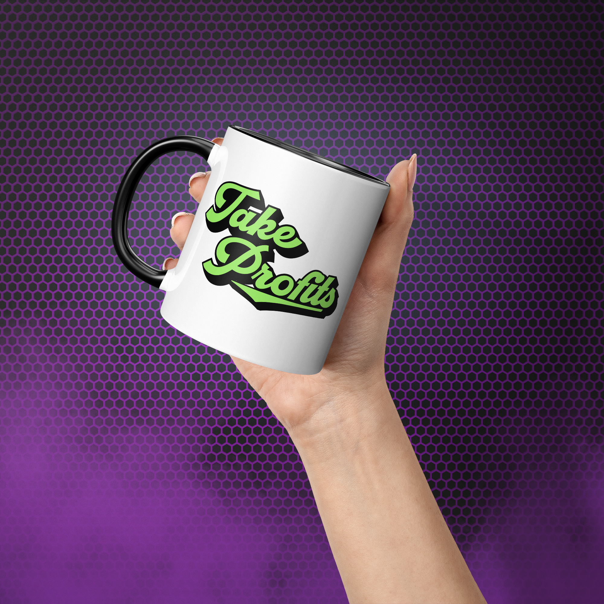 Gift for Crypto Lovers - Take Profits Mug. Hand model image.