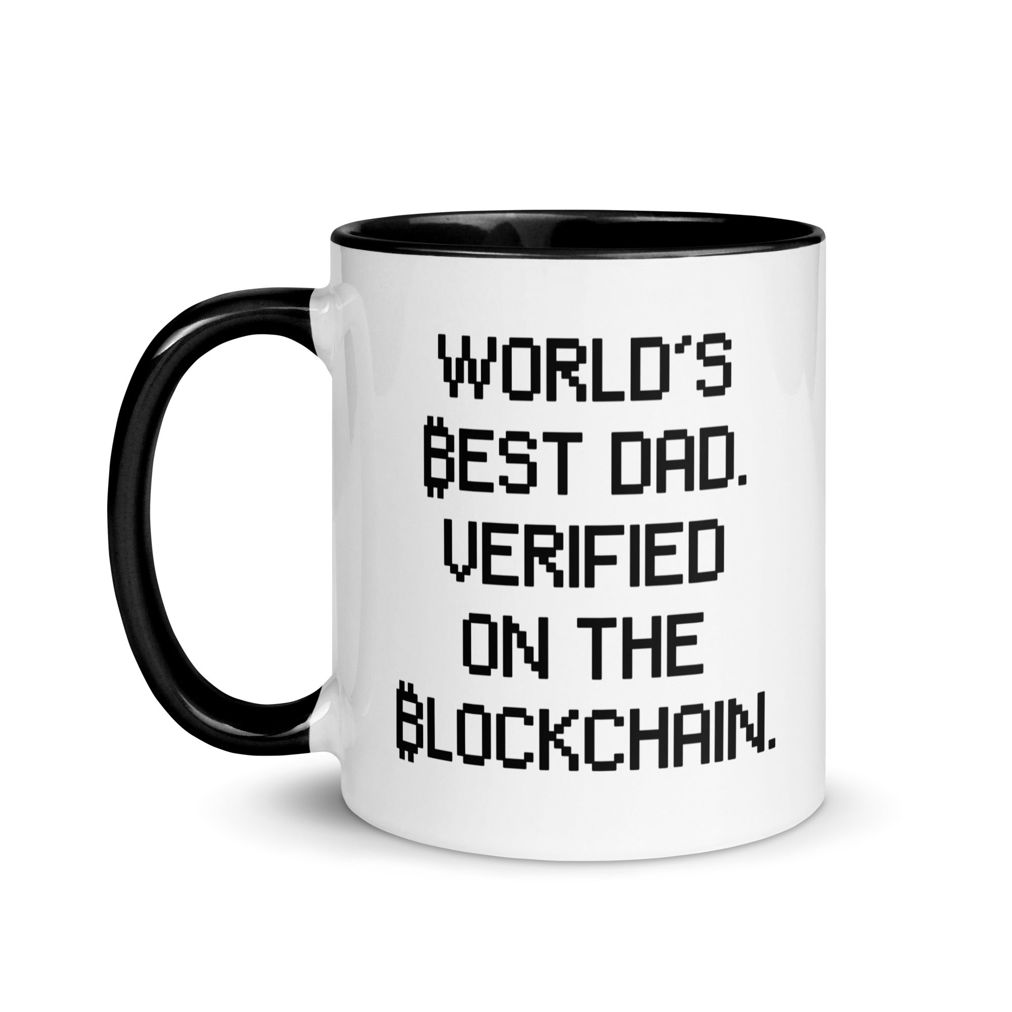 Bitcoin Drinkware - World's Best Dad - Verified on the Blockchain. Left handle view. Available from NEONCRYPTO STORE.
