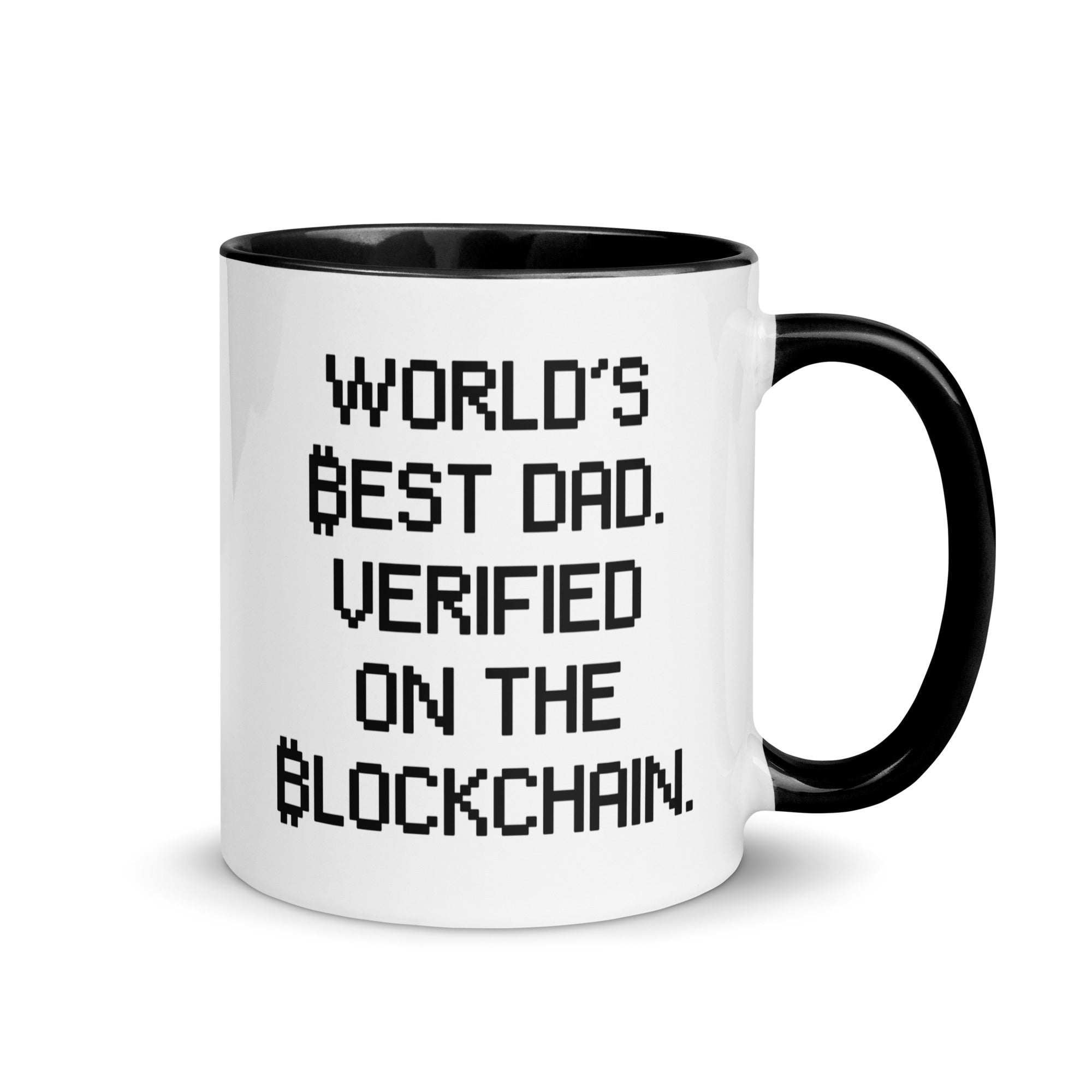 Bitcoin Mug: World's Best Dad - Verified on the Blockchain. Right handle view. Available from NEONCRYPTO STORE.