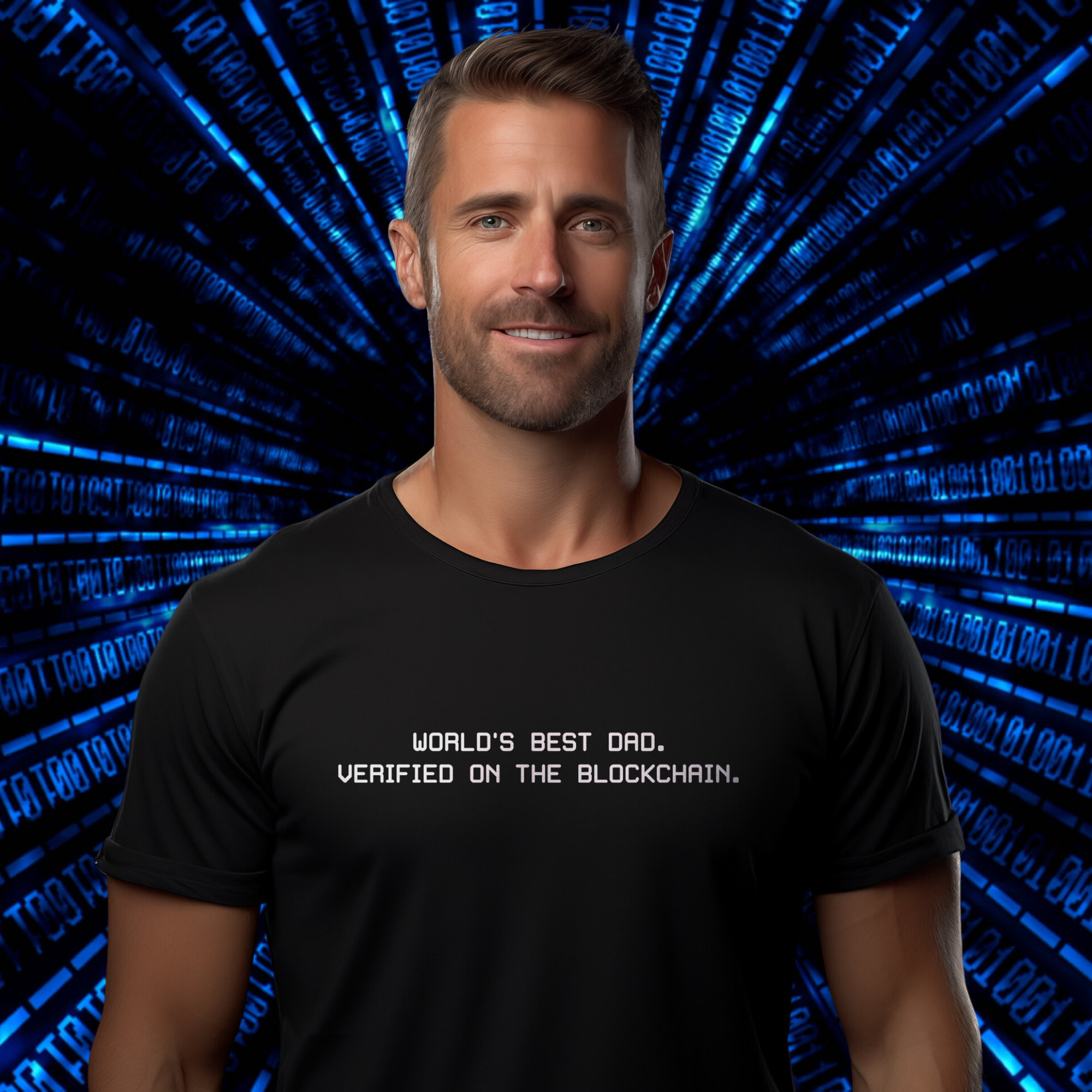 Crypto Gift for Dad - World's Best Dad - Verified On The Blockchain Tee. Available from NEONCRYPTO STORE.