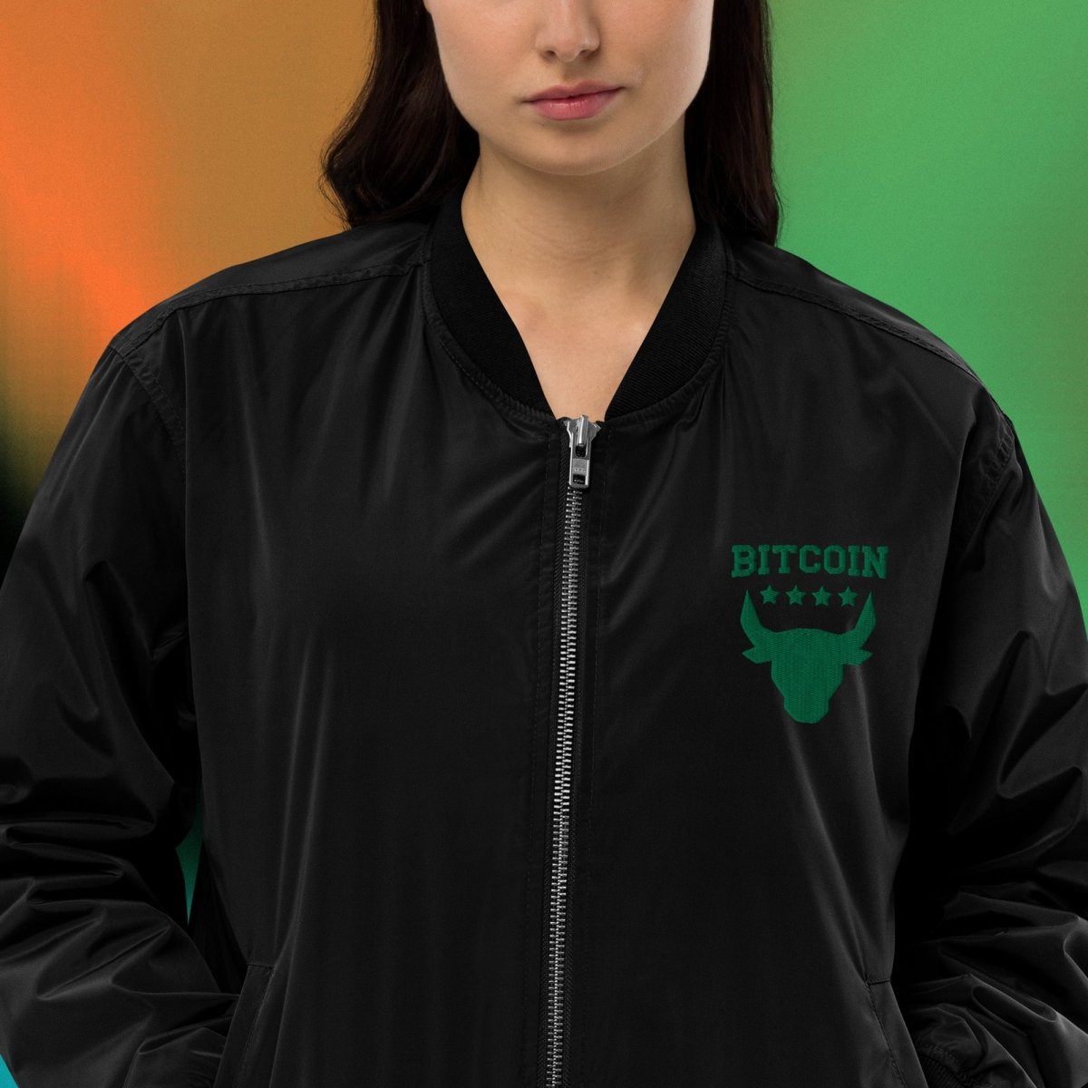 Bitcoin Clothing - Bitcoin Bull Bomber Jacket worn by female model (front view). Available at NEONCRYPTO STORE.