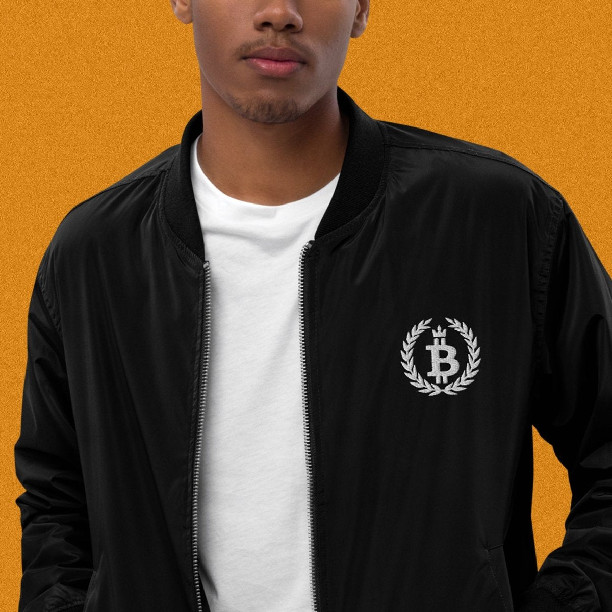 Bitcoin Clothing - Bitcoin Dominance Bomber Jacket worn by male model (front view).