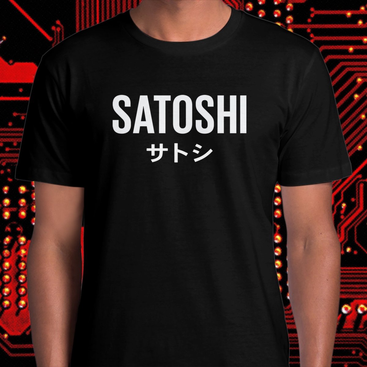 Bitcoin Merch - Satoshi T-Shirt model image (front view). 