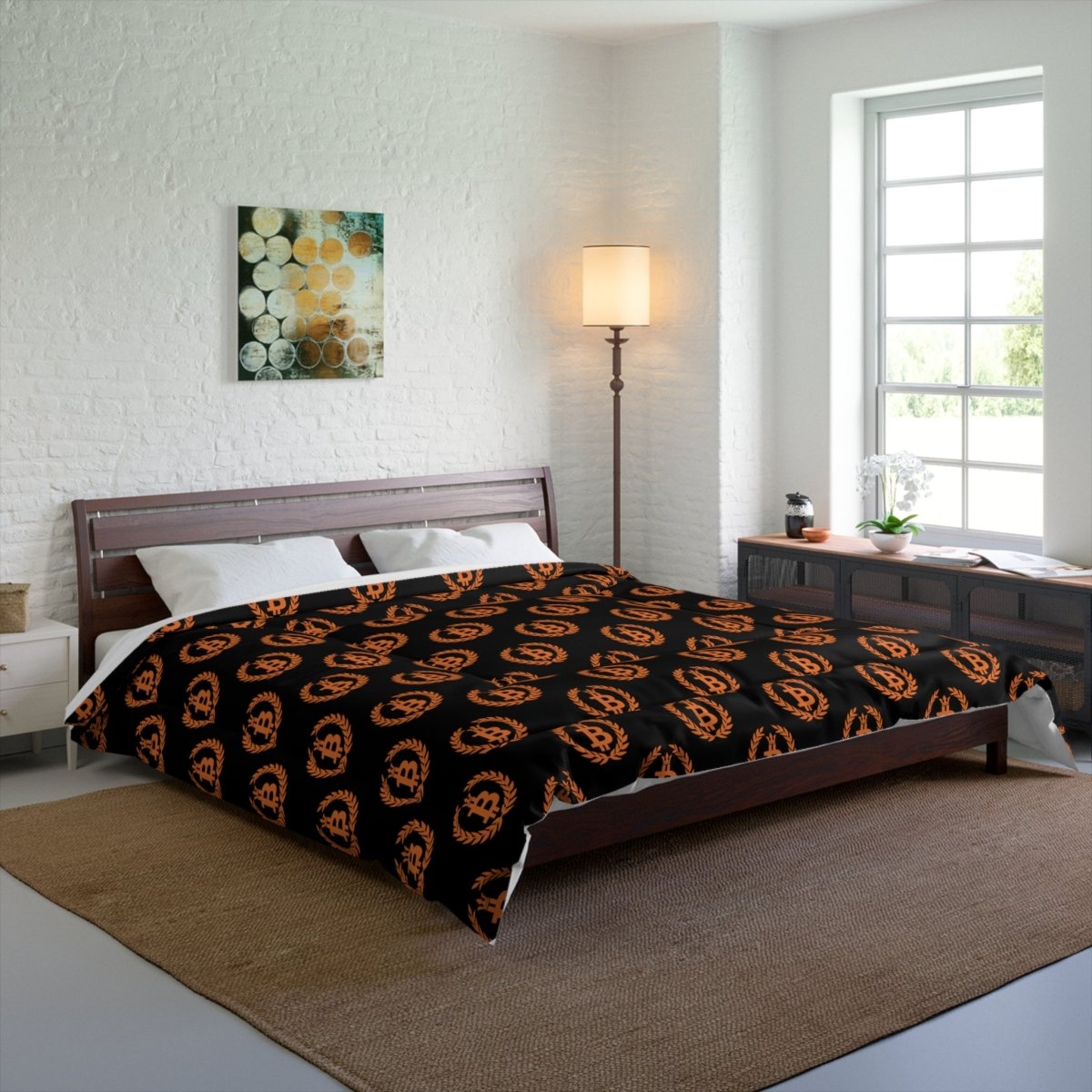 Bitcoin Dominance Comforter 104" x 88" displayed on bed. Front view. 