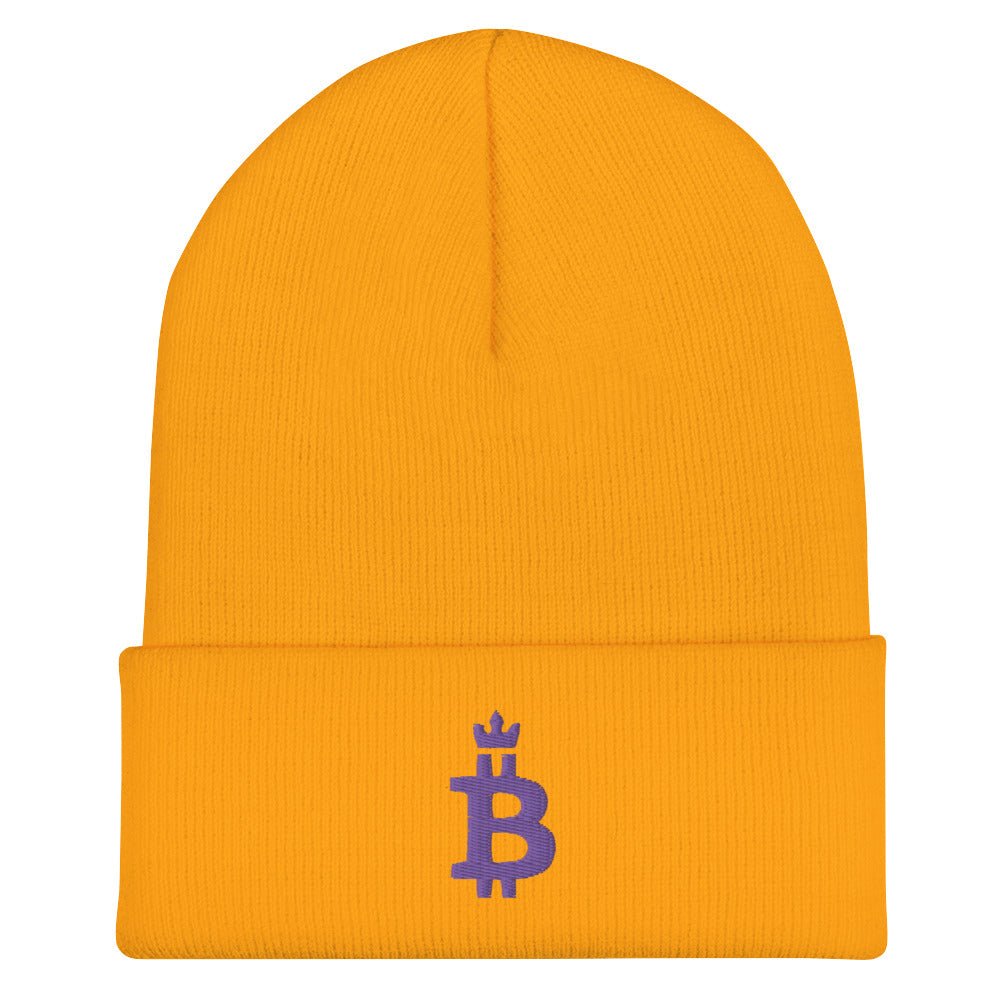 Bitcoin Hat - The Bitcoin Dominance Beanie (Purple Logo) features an embroidered design on the front. Color: Gold (Yellow). Front view.