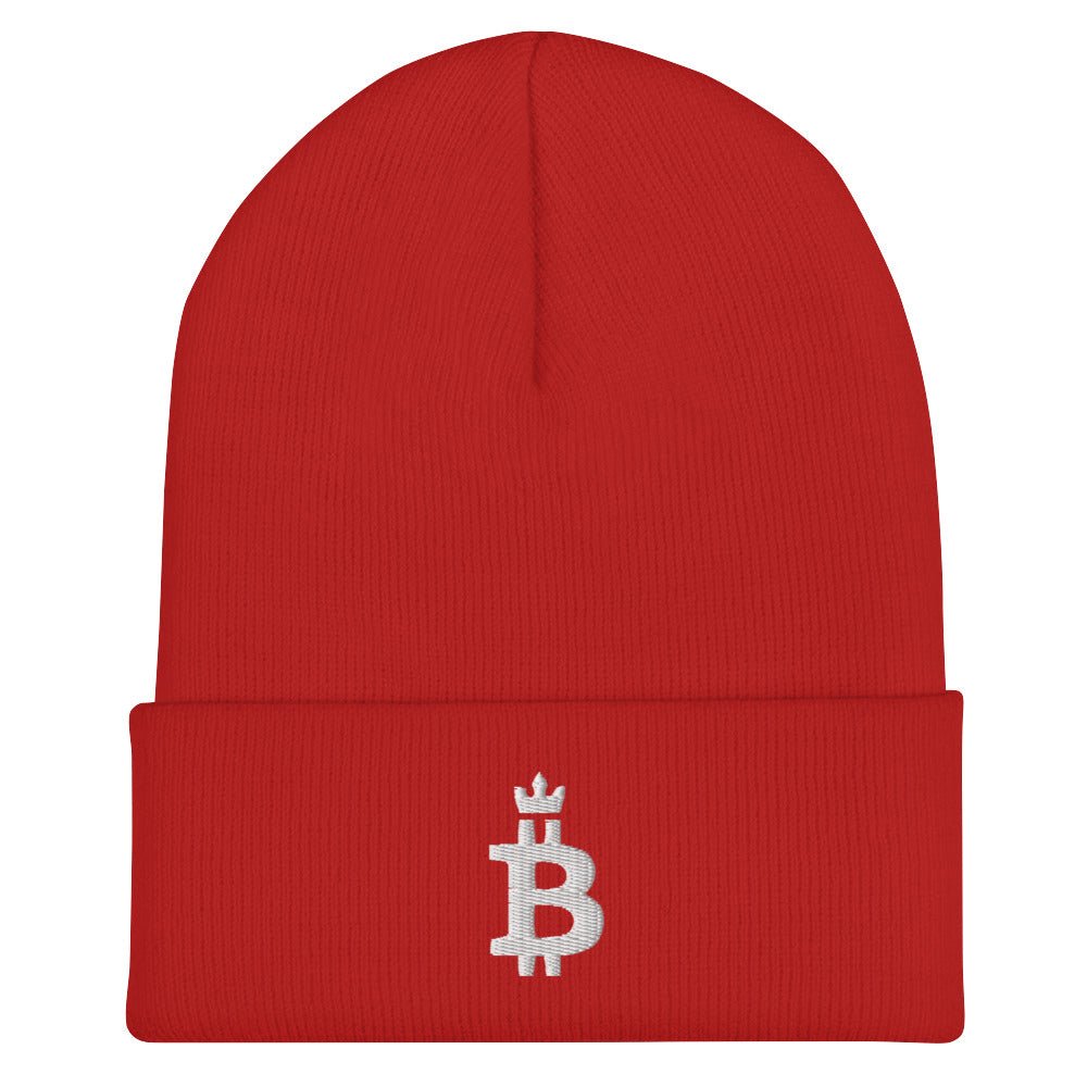 Bitcoin Beanie - The Bitcoin Dominance Beanie features a white embroidered logo on the front. Color: Red. Front view.