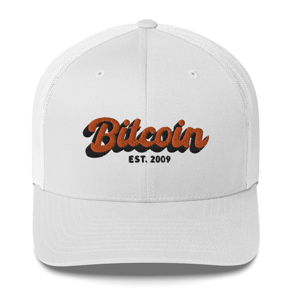 Bitcoin Hat - The Bitcoin Est. 2009 Trucker Hat features a bold retro-style design. Color: White. Front view.