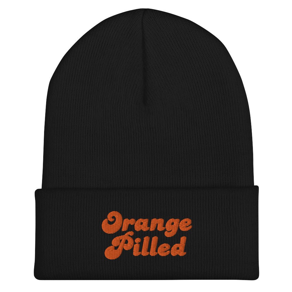 Bitcoin Hat - The Orange Pilled Beanie features a bold retro-style logo. Color: Black. Front view.