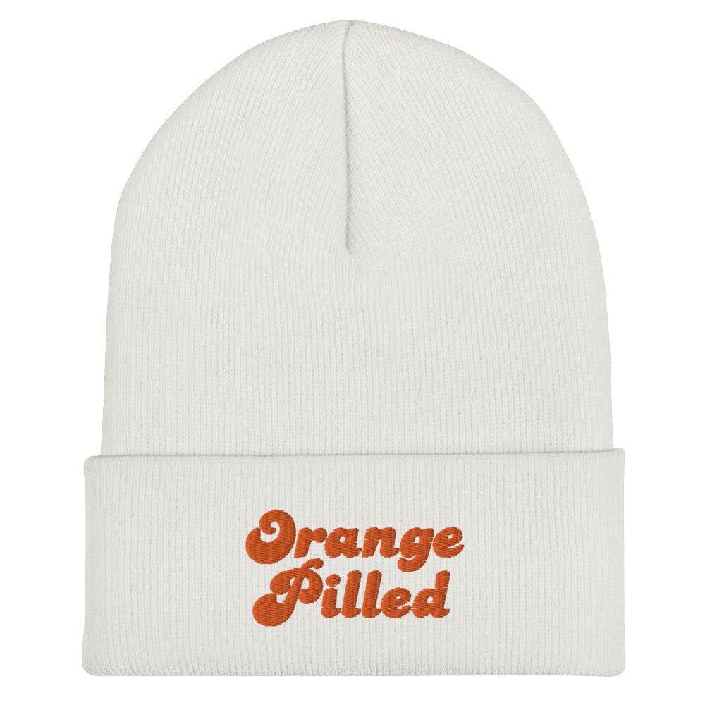 Bitcoin Merchandise - The Orange Pilled Beanie features a bold retro-style logo. Color: White. Front view.