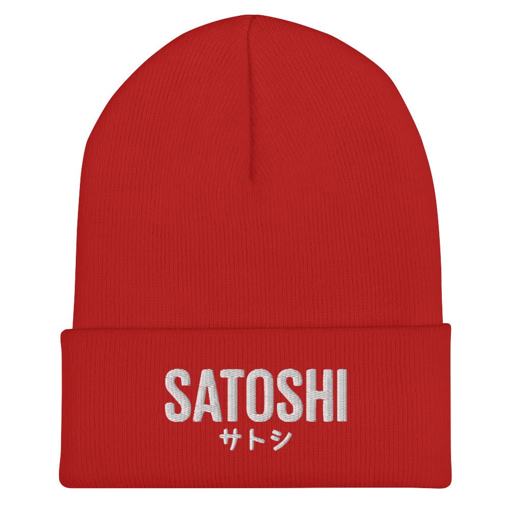 Bitcoin Headwear - The Satoshi Beanie features a bold embroidered design. Front view. Color: Red. 