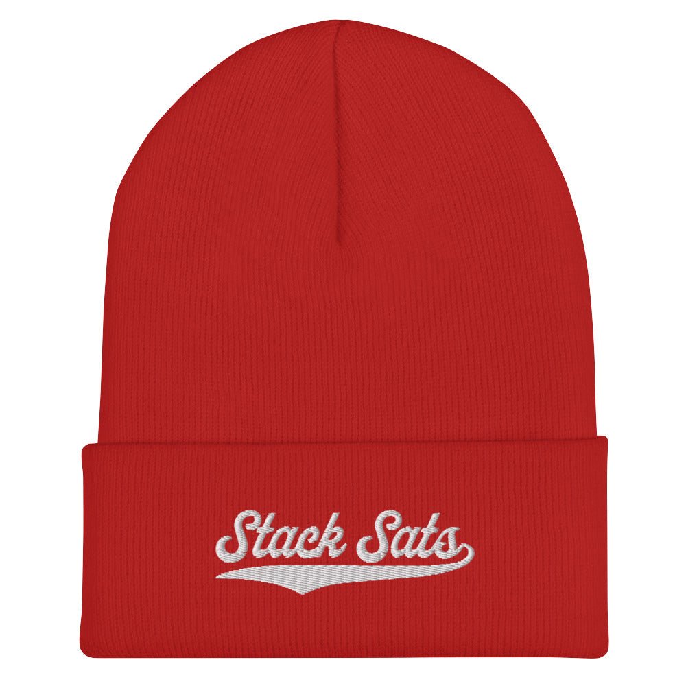 Bitcoin Hat - The Stack Sats Beanie features an embroidered script logo. Color: Red. Front view.
