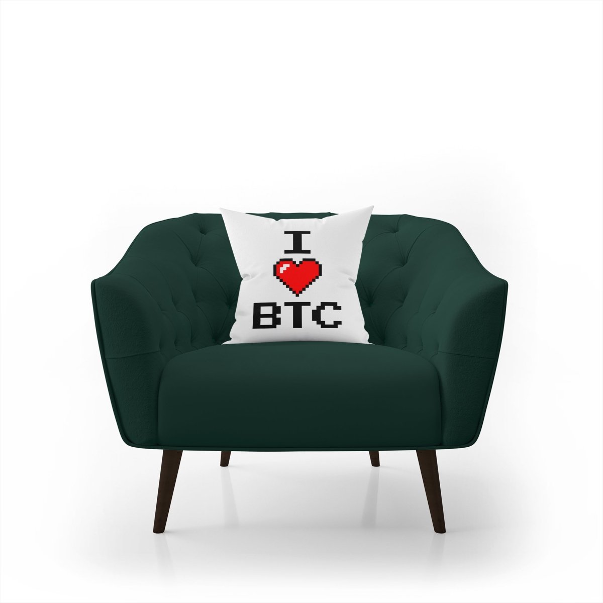 Bitcoin Merch - I Love BTC Pillow displayed on green armchair.