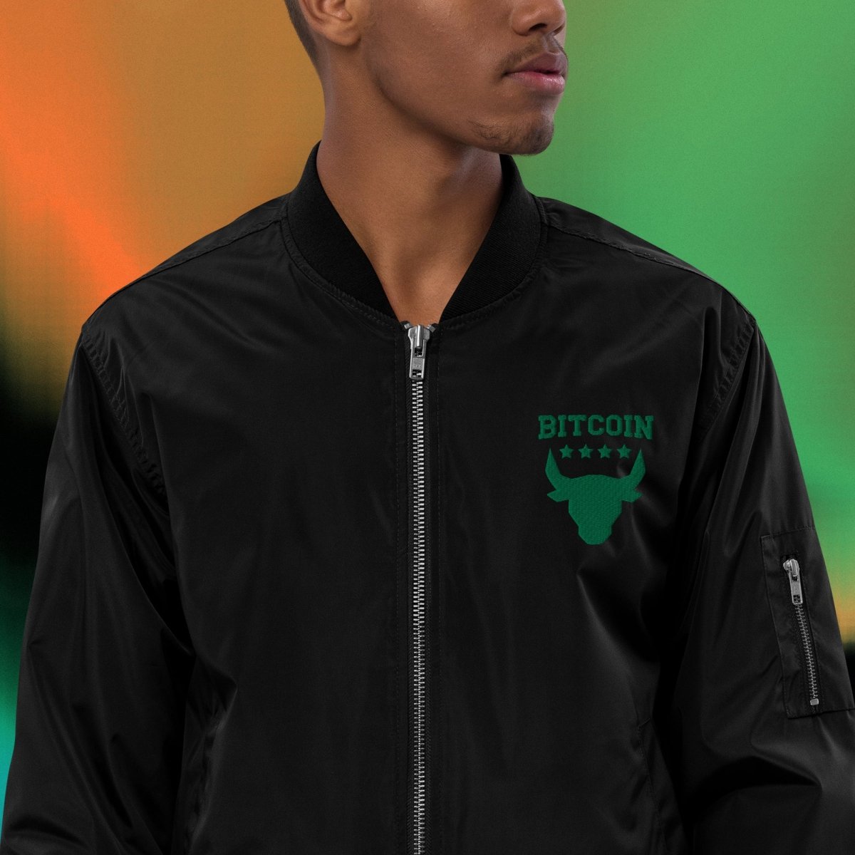 Bitcoin Merchandise - Bitcoin Bull Bomber Jacket worn by male model (front view). Available at NEONCRYPTO STORE.