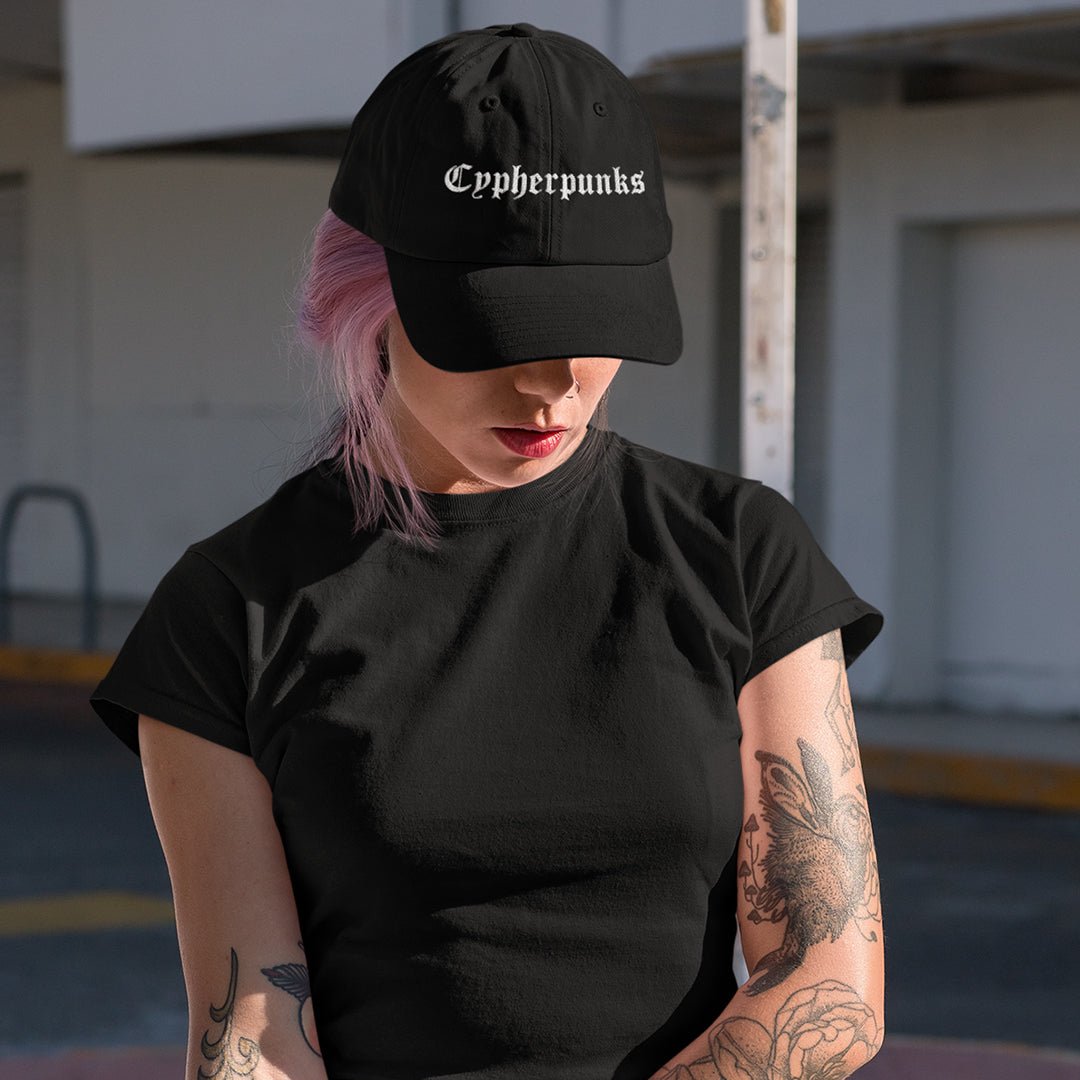 Crypto Cap - The Cypherpunks Hat worn by a female model. Front view.