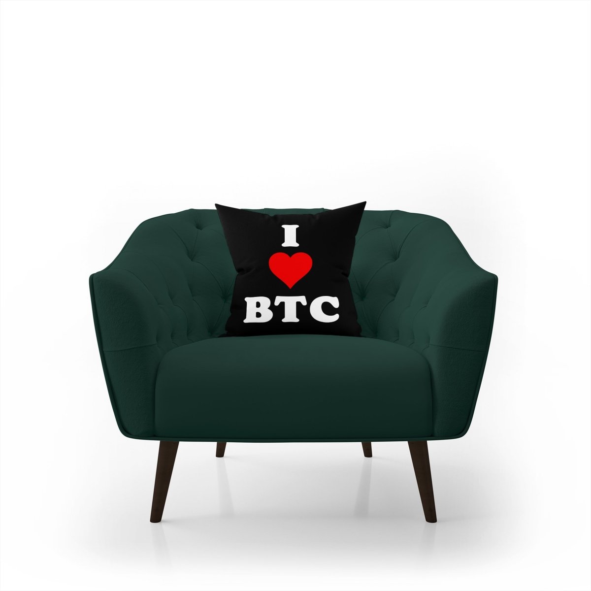 Cryptocurrency Gift Ideas - I Love BTC Pillow displayed on green armchair.