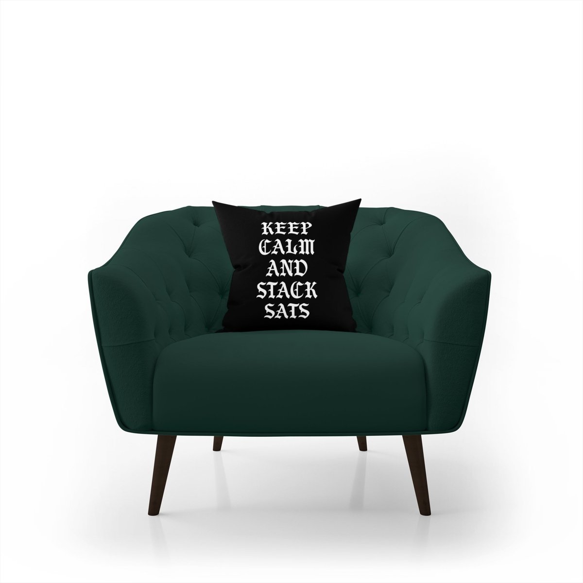 Cryptocurrency Gift Ideas - Keep Calm And Stack Sats Pillow (Gothic) displayed on green armchair.
