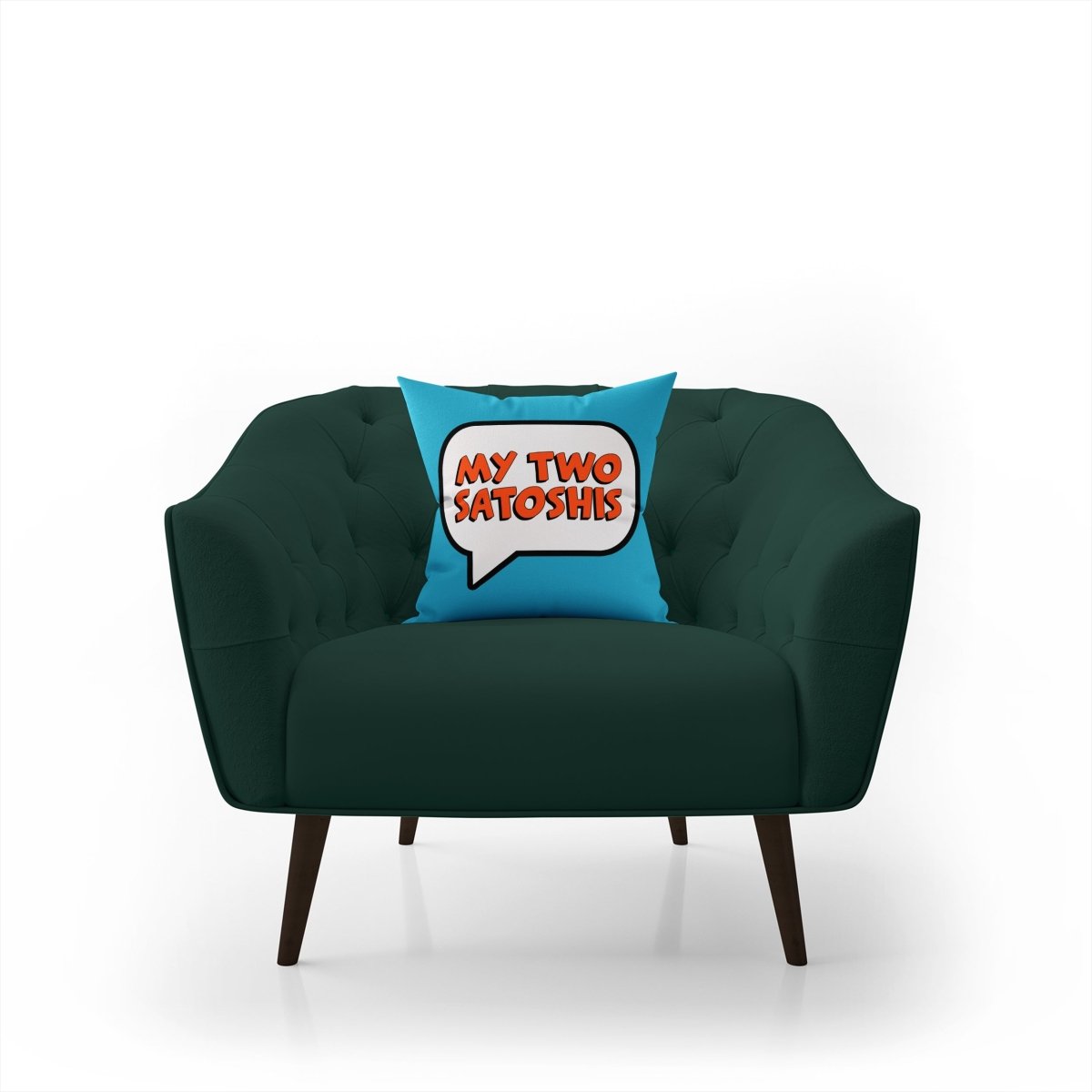 Cryptocurrency Gift Ideas - My Two Satoshis Pillow displayed on green armchair.