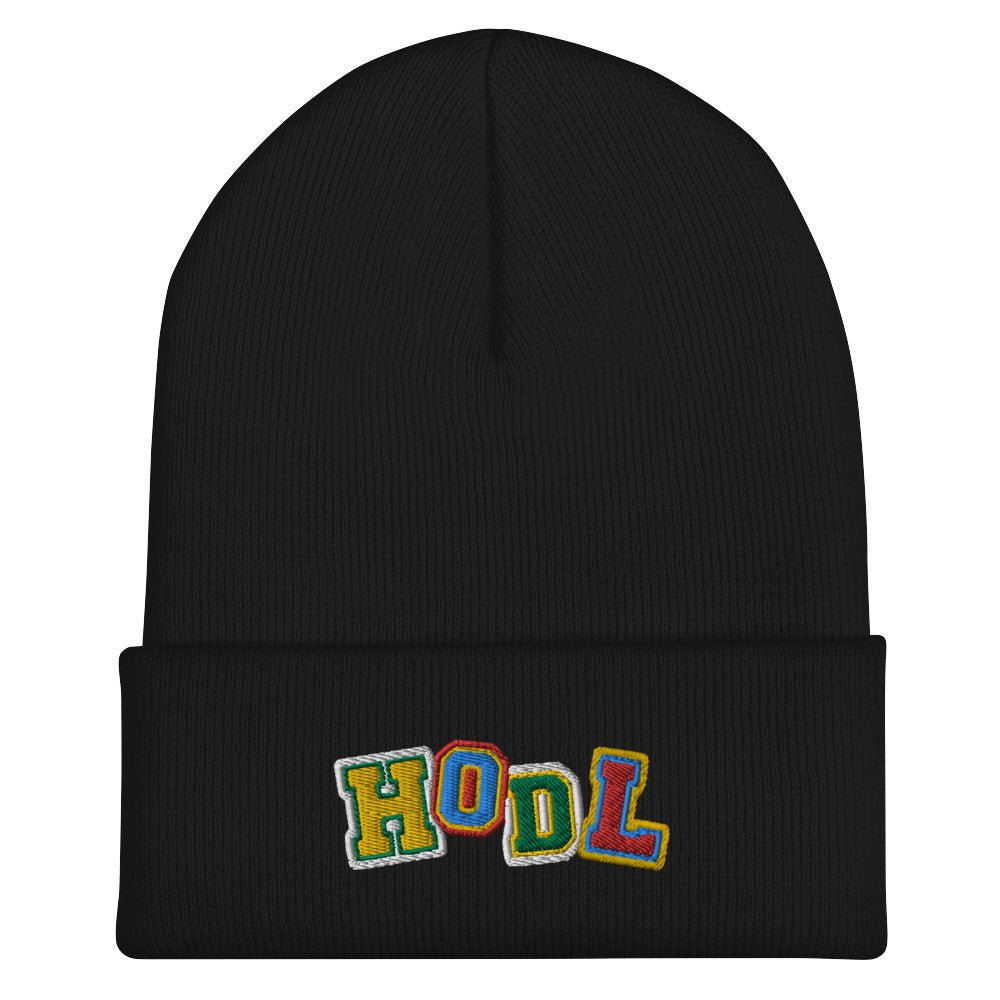 Crypto Apparel - This HODL Beanie features a bold embroidered design. Color: Black. Front view.