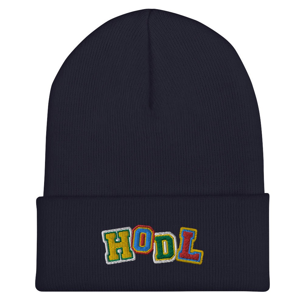 Crypto Clothing - This HODL Beanie features a bold embroidered design. Color: Navy. Front view.