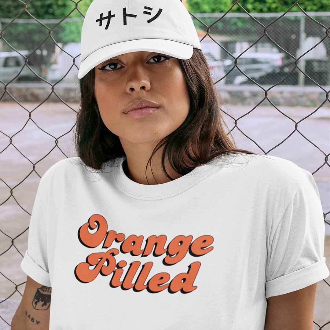 Orange Pilled T-Shirt worn by female model. Front view.