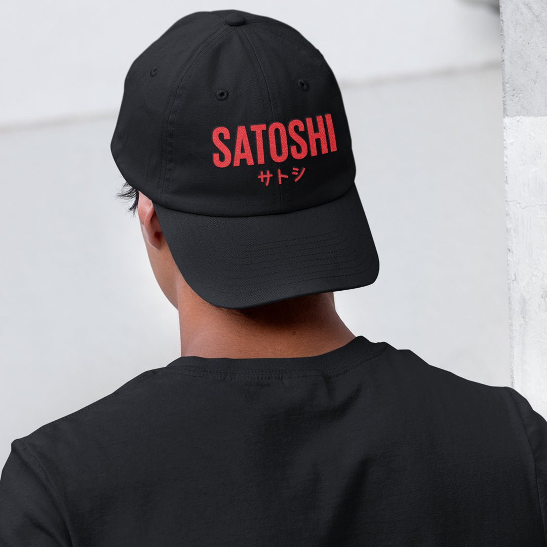 Satoshi Hat (red logo) worn by male model.