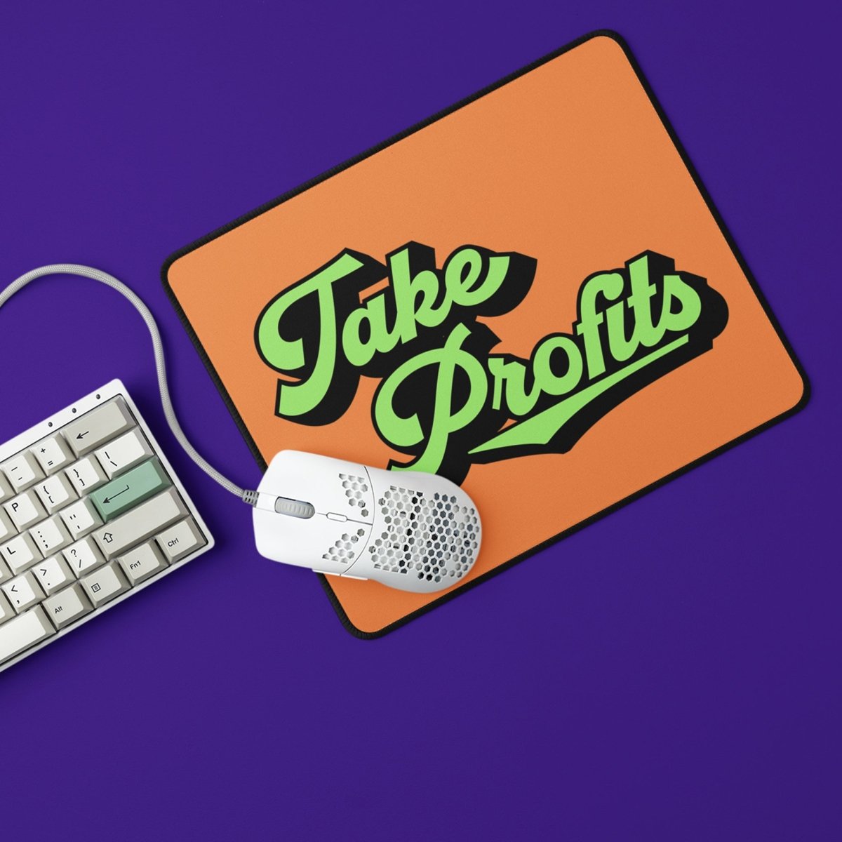 Gifts for Crypto Lovers - Take Profits Mouse Pad displayed with keyboard and mouse.
